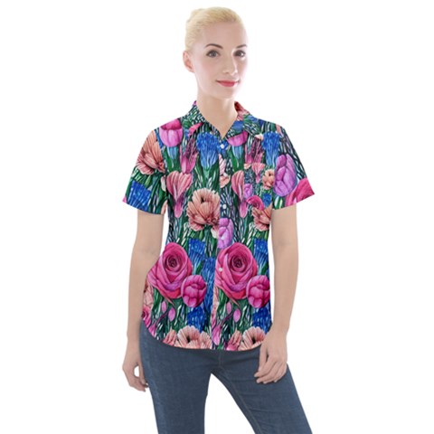 Bright And Brilliant Watercolor Flowers Women s Short Sleeve Pocket Shirt by GardenOfOphir