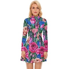 Bright And Brilliant Watercolor Flowers Long Sleeve Velour Longline Dress by GardenOfOphir