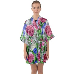 Celestial And Charming Florals Half Sleeve Satin Kimono  by GardenOfOphir