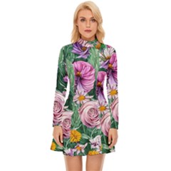 Budding And Captivating Flowers Long Sleeve Velour Longline Dress by GardenOfOphir