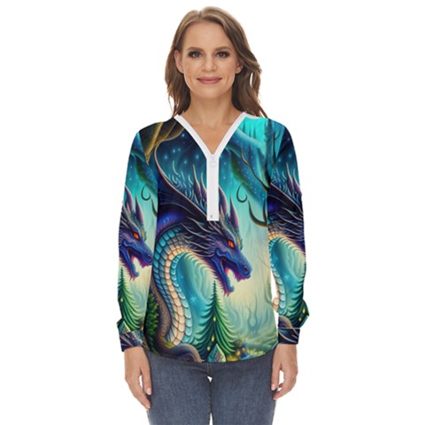 Ai Generated Dragon Fractal Art Texture Zip Up Long Sleeve Blouse by Ravend