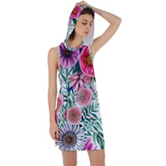 Captivating And Celestial Watercolor Flowers Racer Back Hoodie Dress