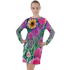 Charming Watercolor Flowers Long Sleeve Hoodie Dress by GardenOfOphir