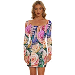 County Charm – Watercolor Flowers Botanical Long Sleeve Square Neck Bodycon Velvet Dress