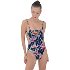 Choice And Creative Watercolor Flowers Tie Strap One Piece Swimsuit