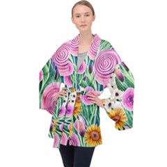 Cheerful And Captivating Watercolor Flowers Long Sleeve Velvet Kimono  by GardenOfOphir