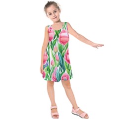 Cheerful And Captivating Watercolor Flowers Kids  Sleeveless Dress