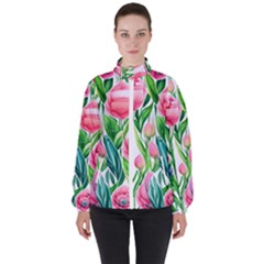 Cheerful And Captivating Watercolor Flowers Women s High Neck Windbreaker by GardenOfOphir