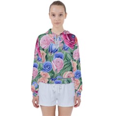 Cheerful Watercolor Flowers Women s Tie Up Sweat