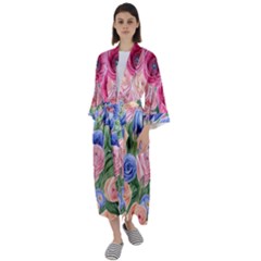 Cheerful Watercolor Flowers Maxi Satin Kimono by GardenOfOphir