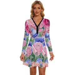 Cheerful Watercolor Flowers Long Sleeve Deep V Mini Dress 