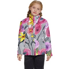 Darling And Dazzling Watercolor Flowers Kids  Puffer Bubble Jacket Coat by GardenOfOphir