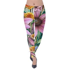 Watercolor Flowers Botanical Foliage Velvet Leggings by GardenOfOphir