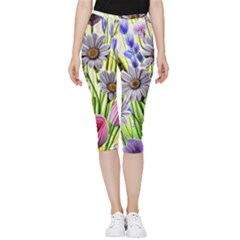 Expressive Watercolor Flowers Botanical Foliage Inside Out Lightweight Velour Capri Leggings  by GardenOfOphir