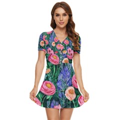 Cute Watercolor Flowers And Foliage V-neck High Waist Chiffon Mini Dress