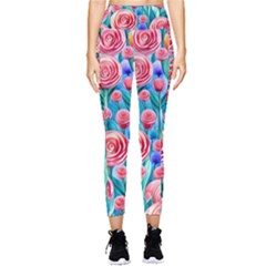 Brilliantly Hued Watercolor Flowers In A Botanical Pocket Leggings  by GardenOfOphir