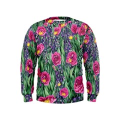 Dazzling Watercolor Flowers And Foliage Kids  Sweatshirt