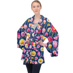 Botanical Flowers Pattern Long Sleeve Velvet Kimono  by GardenOfOphir