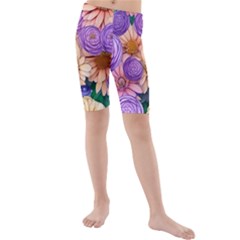 Exotic Tropical Botanical Flowers Pattern Kids  Mid Length Swim Shorts by GardenOfOphir