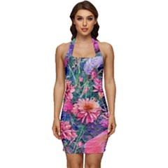 Retro Floral Sleeveless Wide Square Neckline Ruched Bodycon Dress by GardenOfOphir