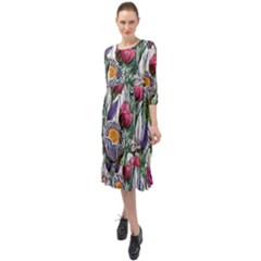 Watercolor Tropical Flowers Ruffle End Midi Chiffon Dress