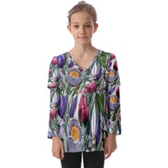 Watercolor Tropical Flowers Kids  V Neck Casual Top