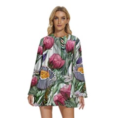 Watercolor Tropical Flowers Round Neck Long Sleeve Bohemian Style Chiffon Mini Dress