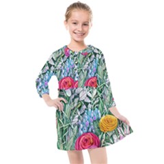 Cottagecore Tropical Flowers Kids  Quarter Sleeve Shirt Dress