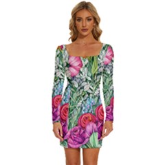 Cottagecore Tropical Flowers Long Sleeve Square Neck Bodycon Velvet Dress