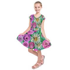 Tropical Flowers Pattern Kids  Short Sleeve Dress