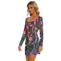 Cheerful Watercolor Flowers Long Sleeve Square Neck Bodycon Velvet Dress View2