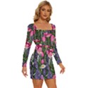 Cheerful Watercolor Flowers Long Sleeve Square Neck Bodycon Velvet Dress View3