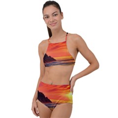 Reflecting Sunset Over Beach High Waist Tankini Set