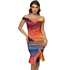 Reflecting Sunset Over Beach Off Shoulder Ruffle Split Hem Bodycon Dress by GardenOfOphir