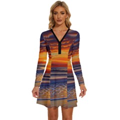 Nature s Sunset Over Beach Long Sleeve Deep V Mini Dress 