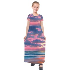 Sunset Over The Beach Kids  Short Sleeve Maxi Dress by GardenOfOphir