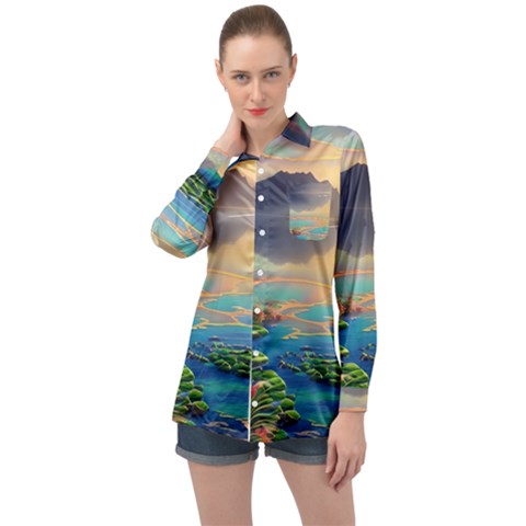 Breathtaking Sunset Long Sleeve Satin Shirt by GardenOfOphir