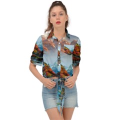 Breathtaking Landscape Scene Tie Front Shirt  by GardenOfOphir