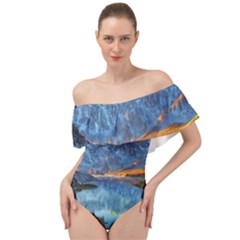 Majestic Lake Landscape Off Shoulder Velour Bodysuit  by GardenOfOphir