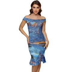 Majestic Lake Landscape Off Shoulder Ruffle Split Hem Bodycon Dress by GardenOfOphir