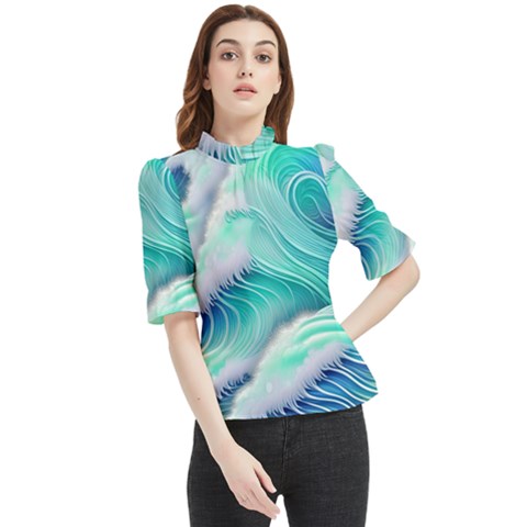 Stunning Pastel Blue Ocean Waves Frill Neck Blouse by GardenOfOphir