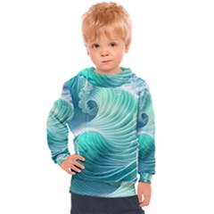 Pink Sky Blue Ocean Waves Kids  Hooded Pullover by GardenOfOphir