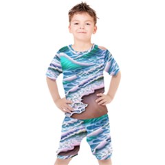 Shore Blue Ocean Waves Kids  Tee And Shorts Set by GardenOfOphir