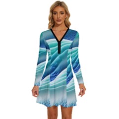 Pastel Beach Wave I Long Sleeve Deep V Mini Dress  by GardenOfOphir