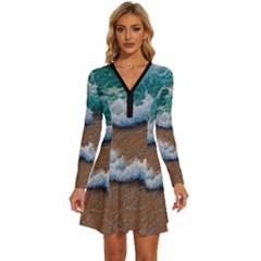 Abstract Waves Summertime On The Sea Long Sleeve Deep V Mini Dress 