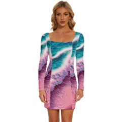 Summer Waves In Pink Ii Long Sleeve Square Neck Bodycon Velvet Dress