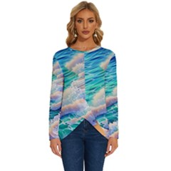 Waves At The Ocean s Edge Long Sleeve Crew Neck Pullover Top by GardenOfOphir