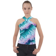 Summer Waves In Pink Iii Cross Neck Velour Top by GardenOfOphir