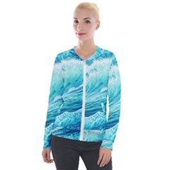 Blue Ocean Wave Watercolor Ii Velvet Zip Up Jacket