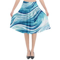 Abstract Blue Ocean Waves Flared Midi Skirt by GardenOfOphir